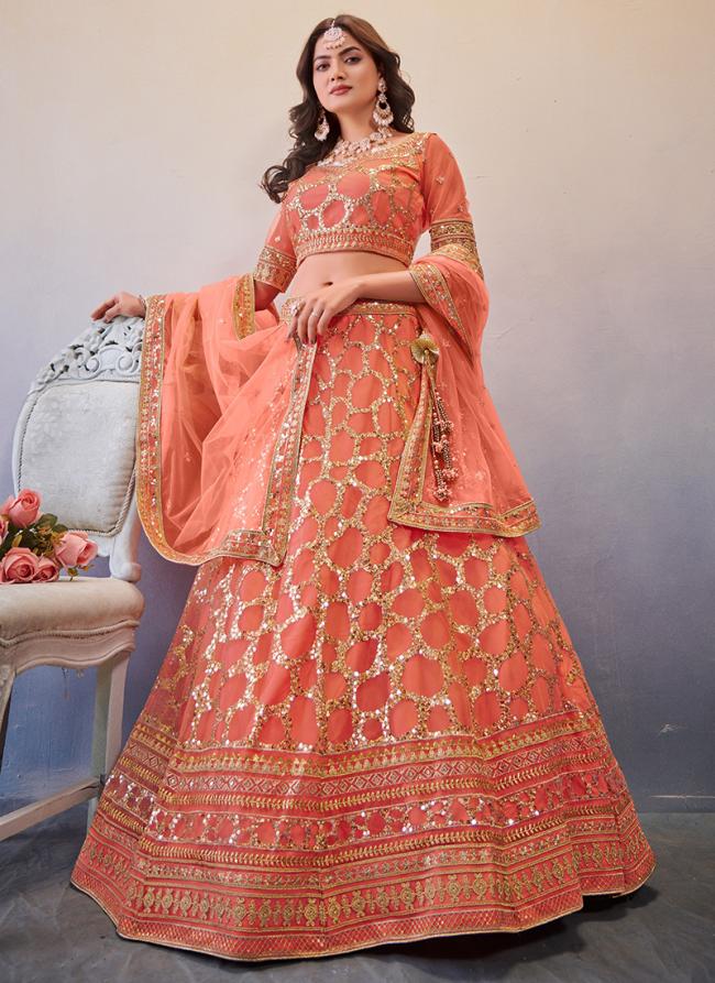 Premium Butterfly Net Light Orange Bridal Wear Embroidery Work Lehenga Choli